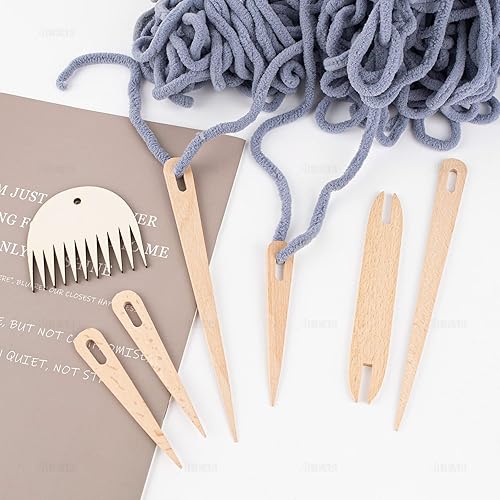 Miniatura 6 de AUEAR, Juego de 12 palos de telar de madera, agujas de tejer de ojo grande y lanzaderas de madera, peine de tejido de madera para manualidades de