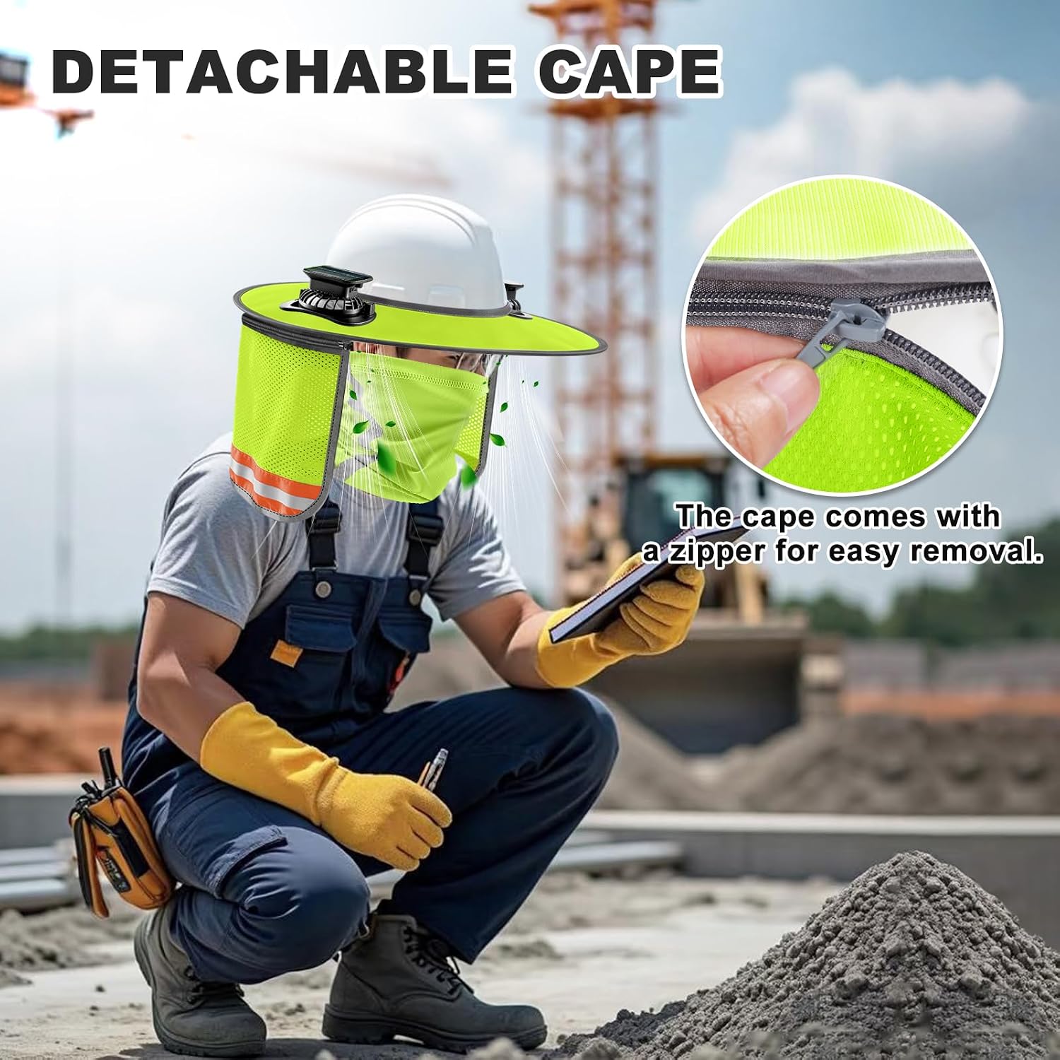1 Set Hard Hat Sun Shade with Dual Solar Fan, Detachable Hard Hat Visor Full Brim with Neck Protection, High Visibility Mesh Hardhat Sun Shield Reflective Strip for Construction Workers (Yellow)