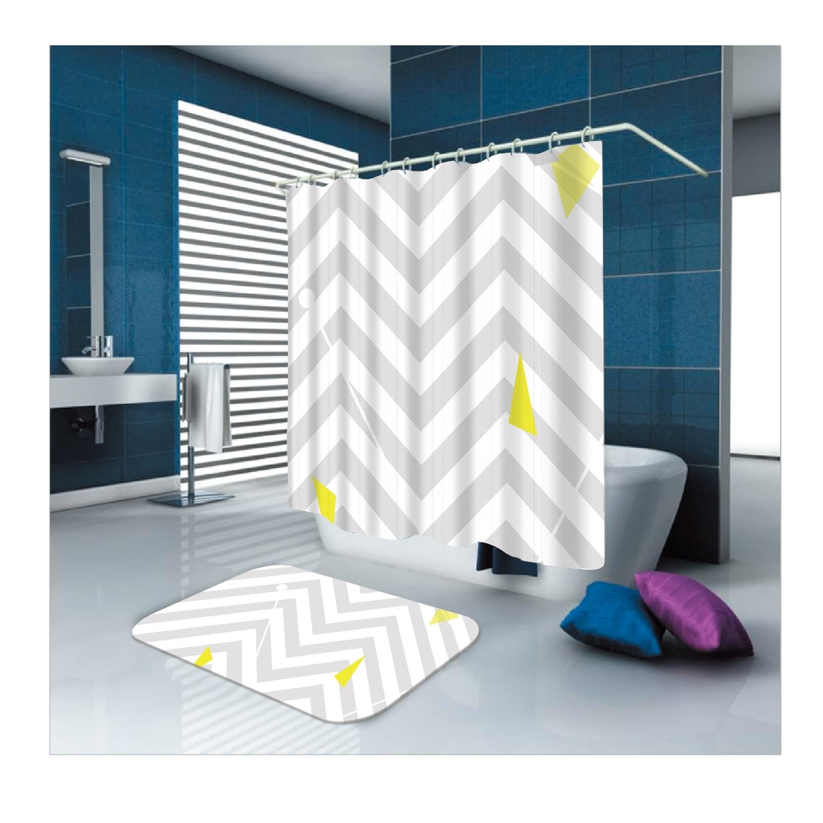 Cortina de ducha gris y blanco, 165 x 200 cm, para baño, diseño de líneas onduladas blancas y grises, cortina de baño, poliéster, lavable, tela 1,65 x 2 m de largo (ancho x alto) con anillas