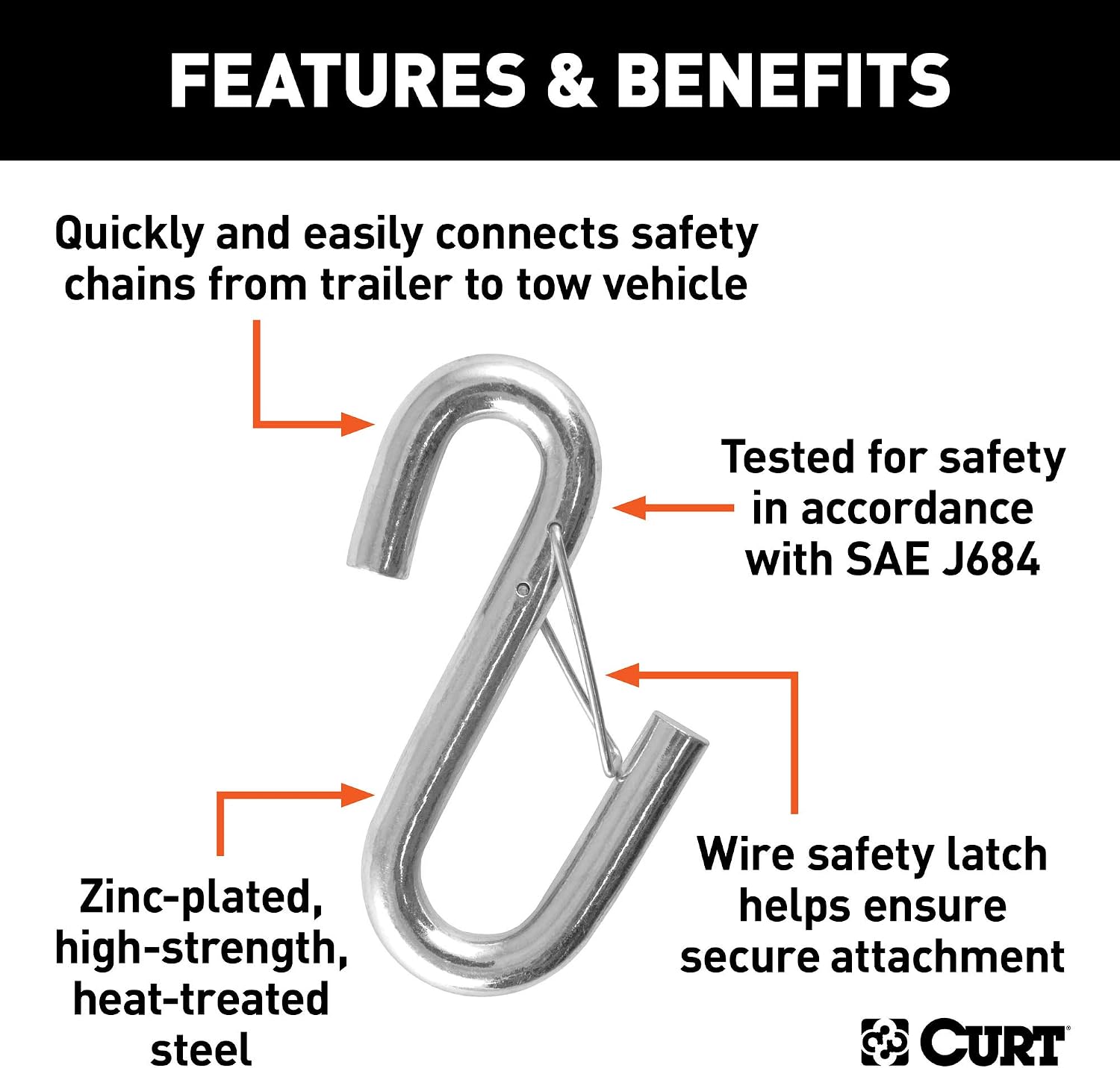 CURT 81840 13/32-Inch Certified Trailer Safety Chain S-Hook with Latch, 3,500 lbs, CLEAR ZINC