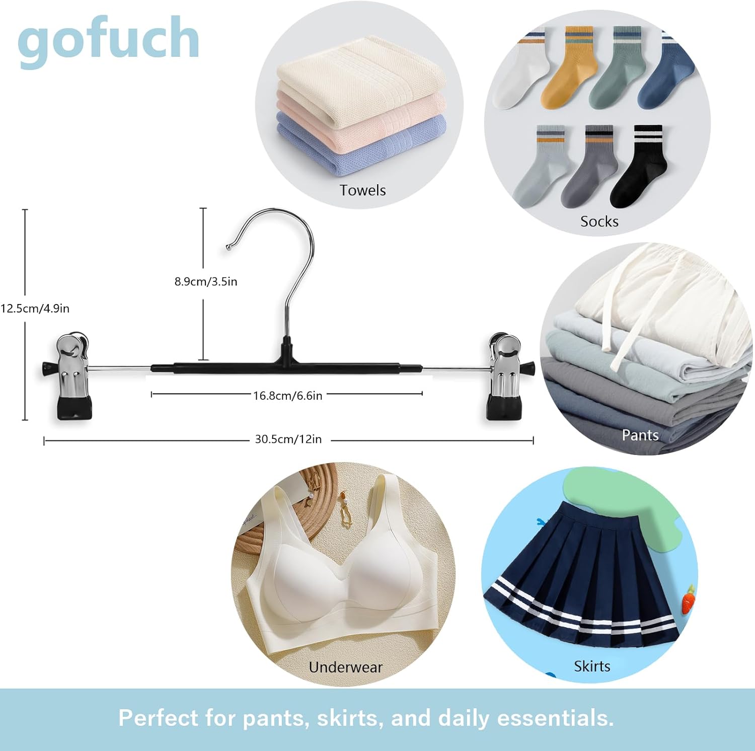 Pants Hangers with Clips - 50 Pack Heavy Duty, Non-Slip Adjustable Space Saving Skirt Hangers for Pants, Jeans, Shorts | Gray | 12 Inch