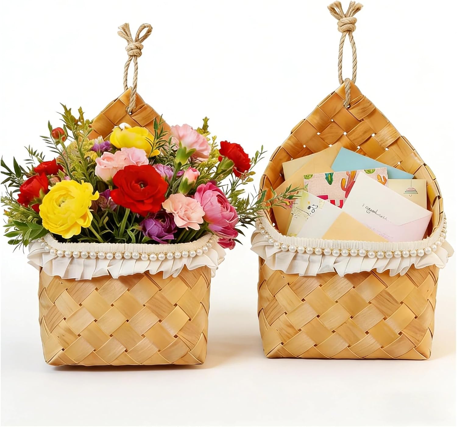 2 Pack Hanging Wall Baskets for Entryway & Front Door – Woven Wicker Baskets for Flowers, Mail, Keys – Boho Farmhouse Wall Decor Set for Plants