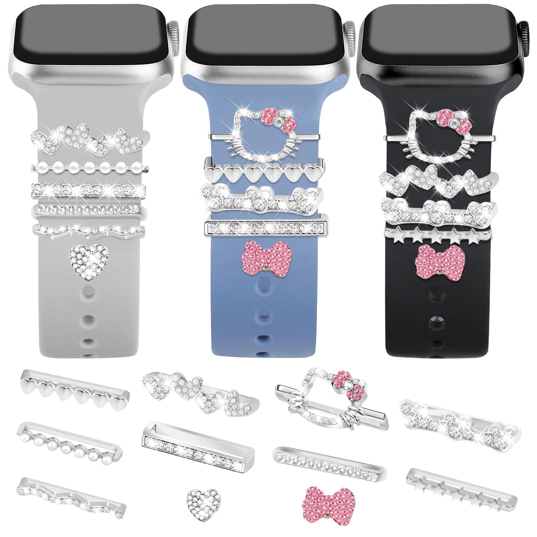 JR.DM 11-Pcs Super Bling Watch Charms with 9-Pcs Decorative Rings Loops 2-Pcs Decoration, Compatible with Apple Watch Band Metal Diamond Sliding Accessories for iWatch Series 11 10 9 8 7 6 5 4 3 2 1