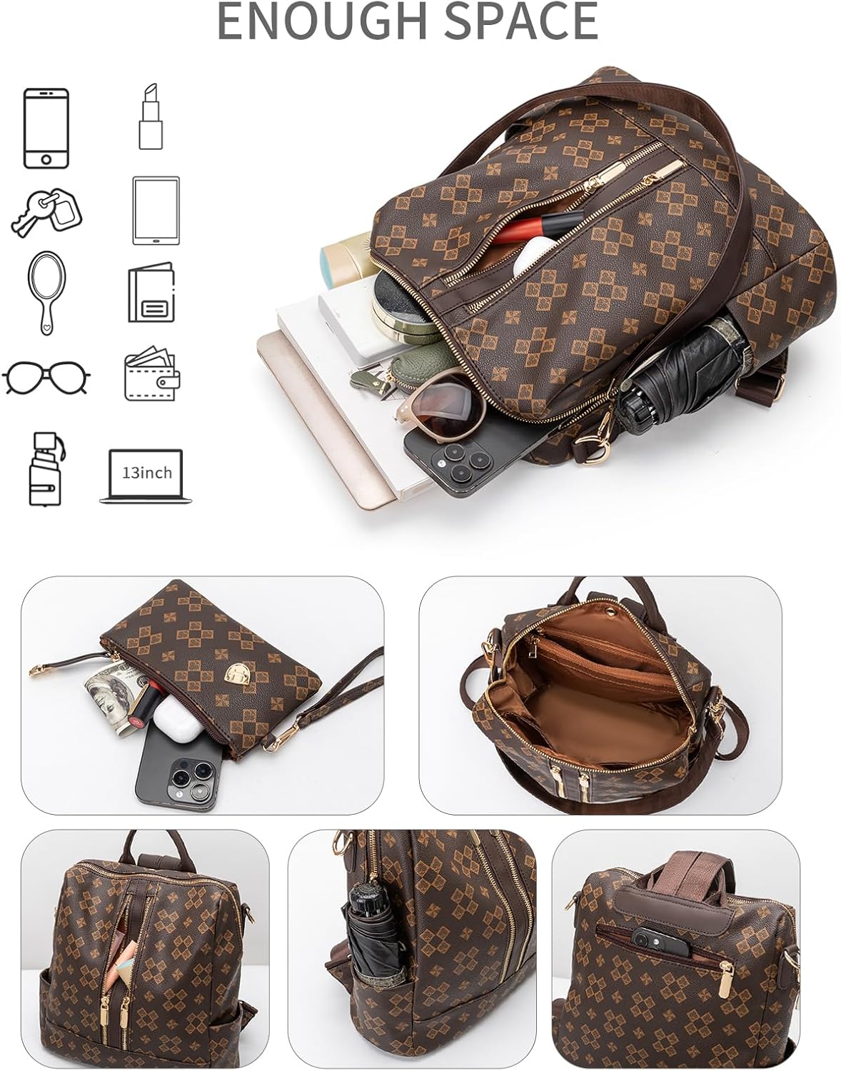 Fashion Backpack Purse for Women Designer Convertible Travel Backpack PVC Shoulder Bag with Wallet (Brown2) - Image 5