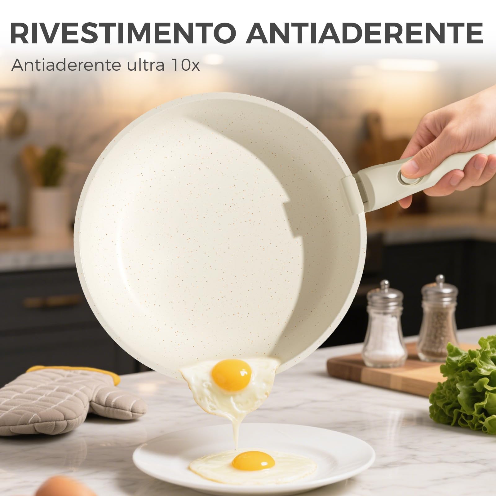 YASHE Set da cucina 15 pezzi, pentole e padelle con rivestimento antiaderente in granito, manici rimovibili, impilabili, facili da pulire, compatibili con induzione, gas e vetroceramica