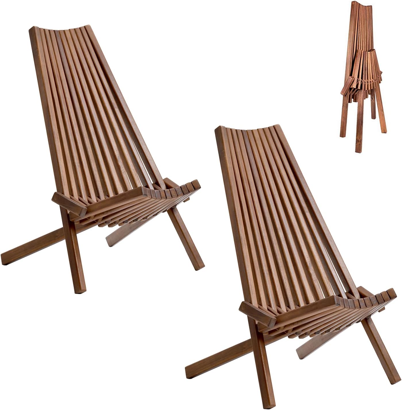 Folding Garden Lounge Chairs Set of 2, Solid Acacia Wood Low Profile Lounge Chair for Indoor Outdoor Handcrafted Patio Seating Beach Yard Balcony Furniture Fire Pit Chair, 2 Packs