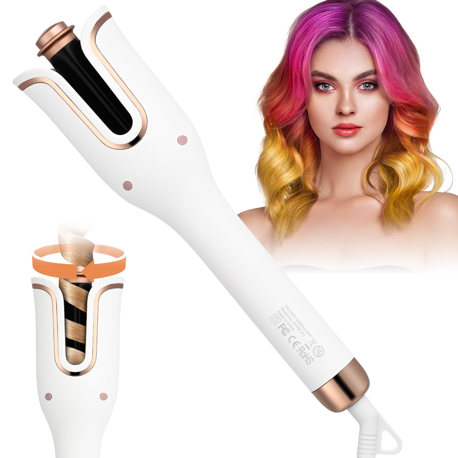 Euakee Rizador de Pelo Automático, Rizador Pelo Ondas con 4 Temperaturas Ajustables, Antiquemaduras, Fácil de Usar, Calentamiento Rápido, Peinado de Larga Duración (Blanco)
