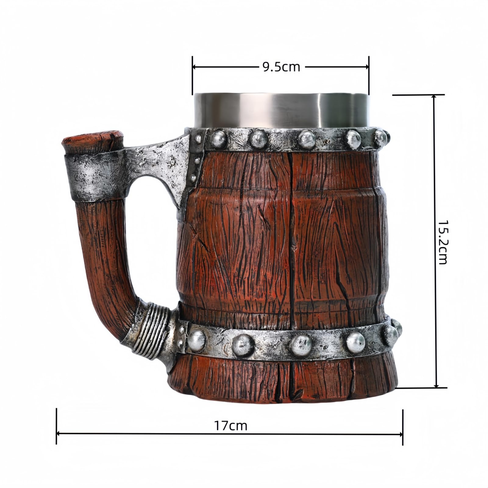 Drawelry Retro Holz Fass Bierkrug mit Griff Edelstahl Innenfutter Holzmaserung Leder Wasserbecher 600ml Vintage Nordische Wasser Bier Kaffee Mug Becher Geburtstag Geschenk für Männer (A7)