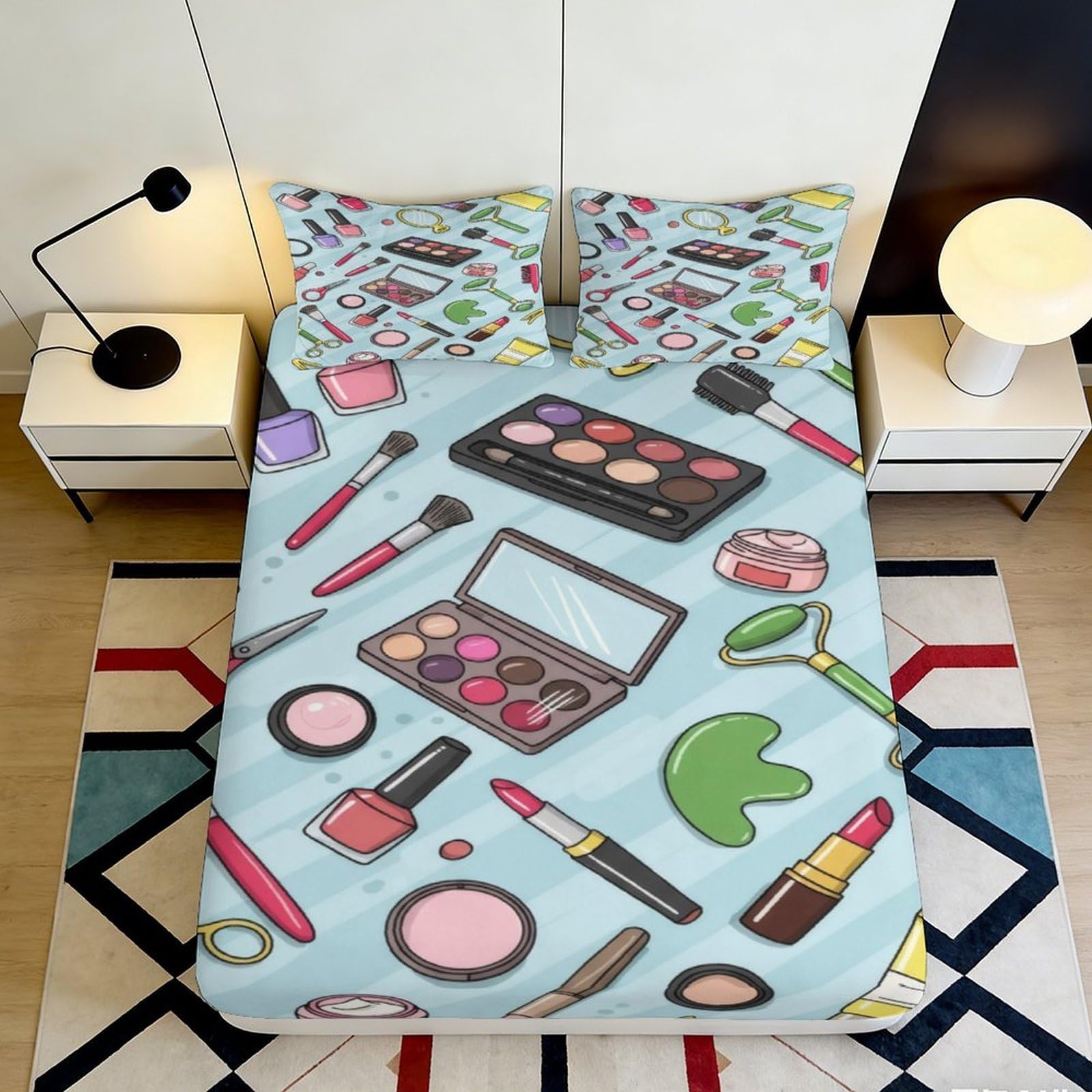 3D Printed Makeup Accessories Fitted Sheet Microfiber Soft Pastel Beauty Tools Bed Cover for Bedroom Dorm Decor 120x200x25cm