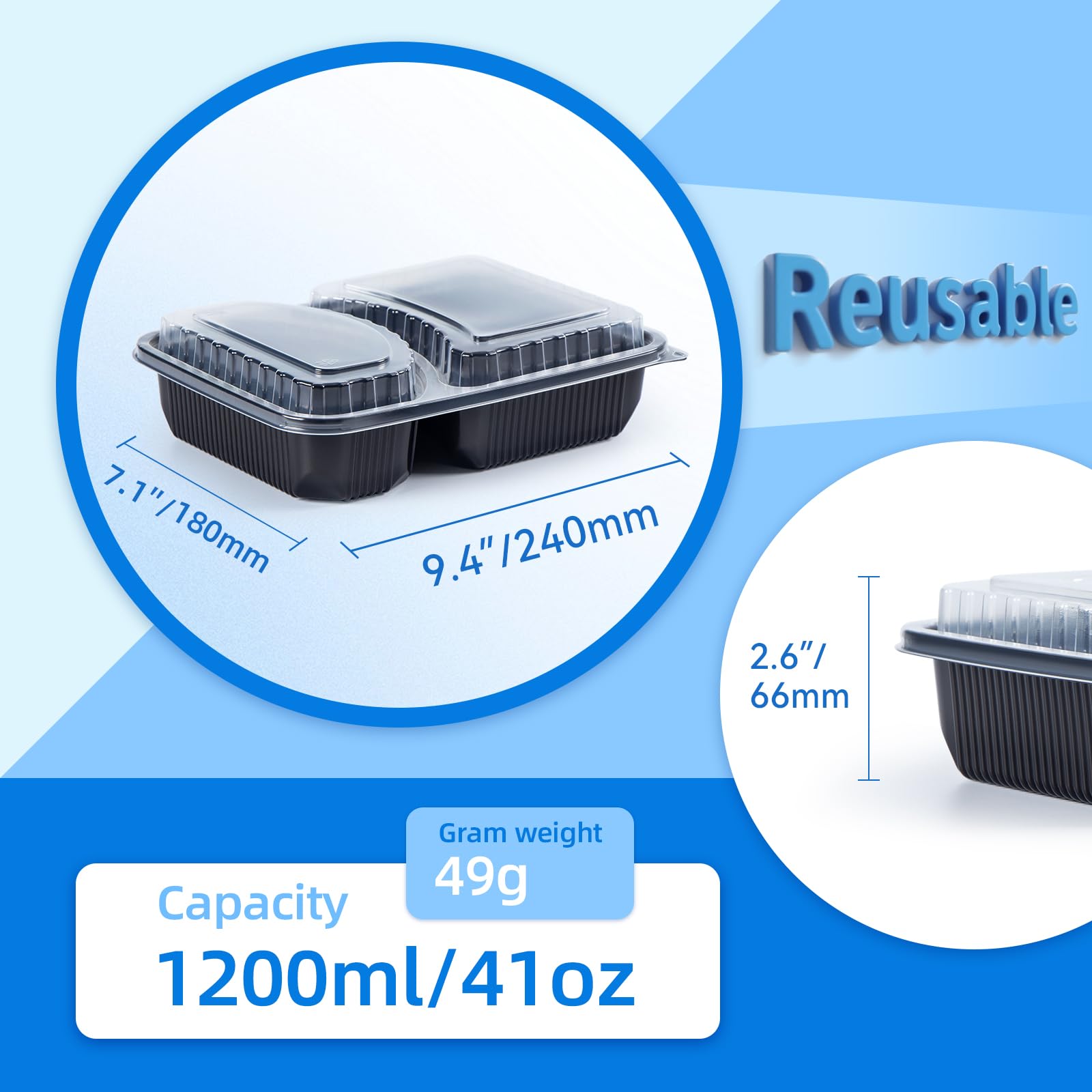 YANGRUI Contenedores To Go, paquete de 40 (40 bandejas + 40 tapas) 44 onzas y 2 compartimentos sin BPA, reutilizable, envoltura retráctil lavable a máquina, contenedor de preparación de comidas