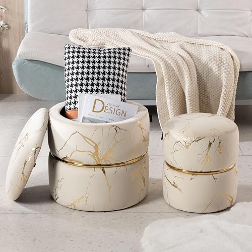 Miniatura 8 de Furniliving Juego de 2 otomanas redondas de almacenamiento, modernas sillas de terciopelo con estampado de lámina de lujo, mesa de café, reposapiés