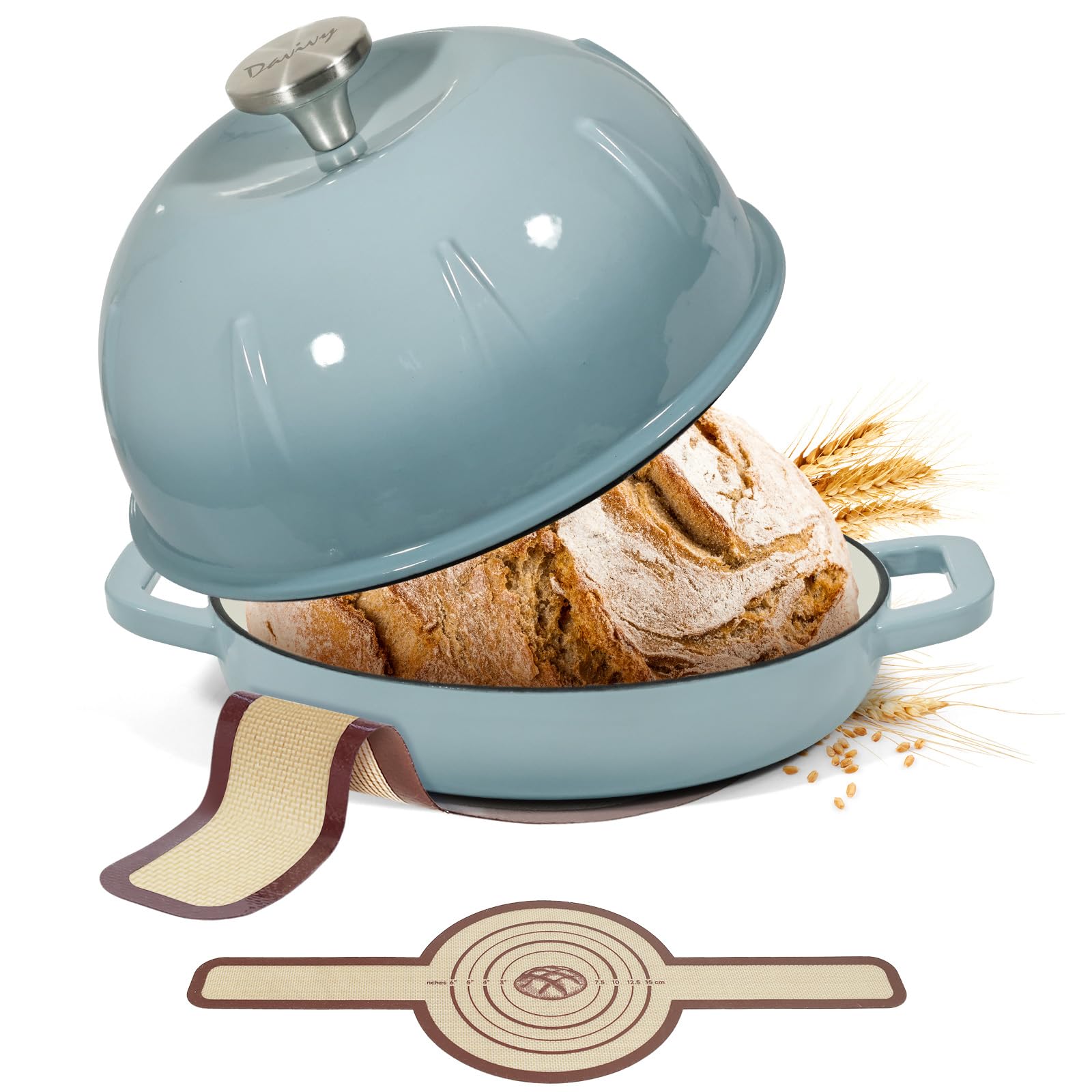 Davivy Gusseisen Topf Brot Backen, 5,35L/25cm Bräter Emaille Schmortopf mit Hochgewölbter Deckel und Griffen, Brotbacktopf mit Gärkorb für Küche Backen, Dutch Oven mit Brotschlinge (Meersalzblau)