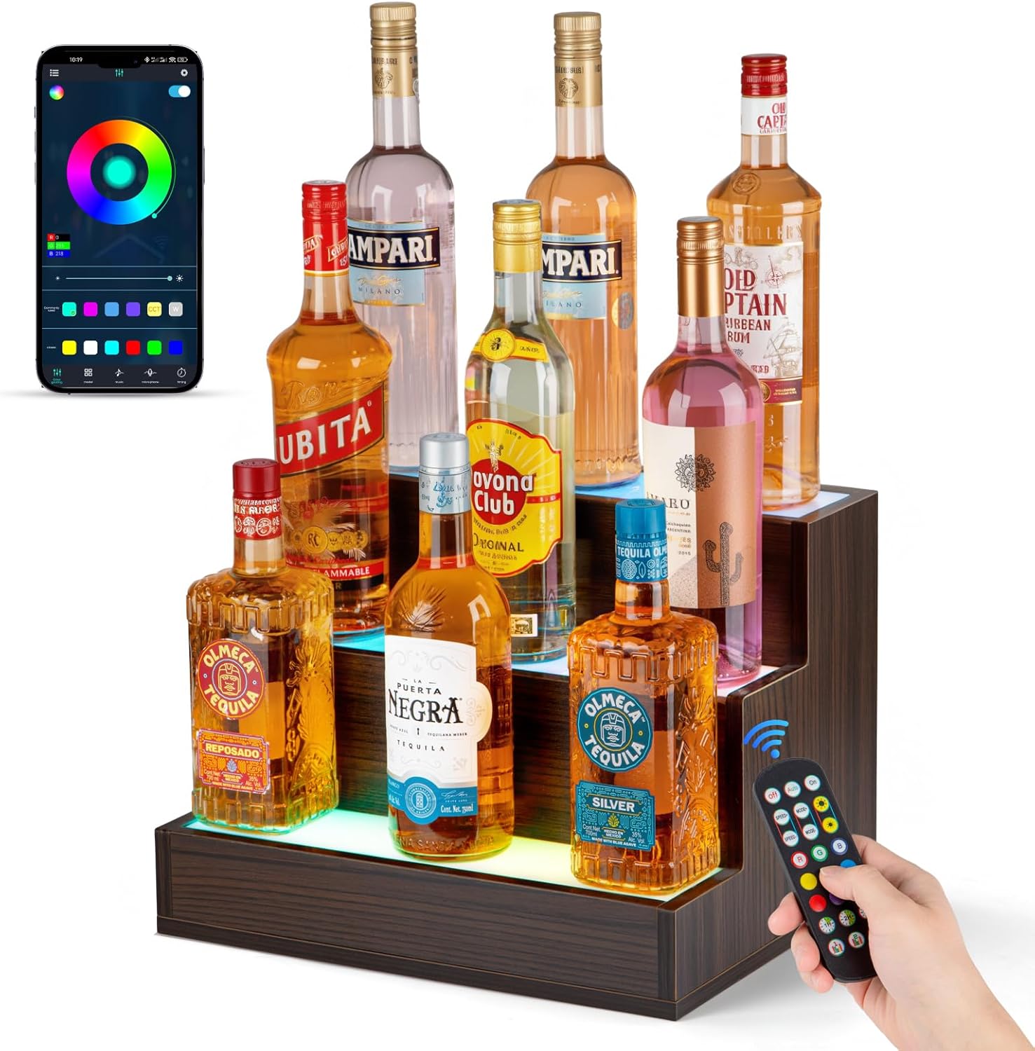 LED Lighted Liquor Bottle Display Shelf with App & Remote Control - 16" 3-Tier Walnut Bar Shelf for Home Bar Decor - Smart Color Changing Bottle Tier for Party, Man Cave & Commercial Bar Ambience