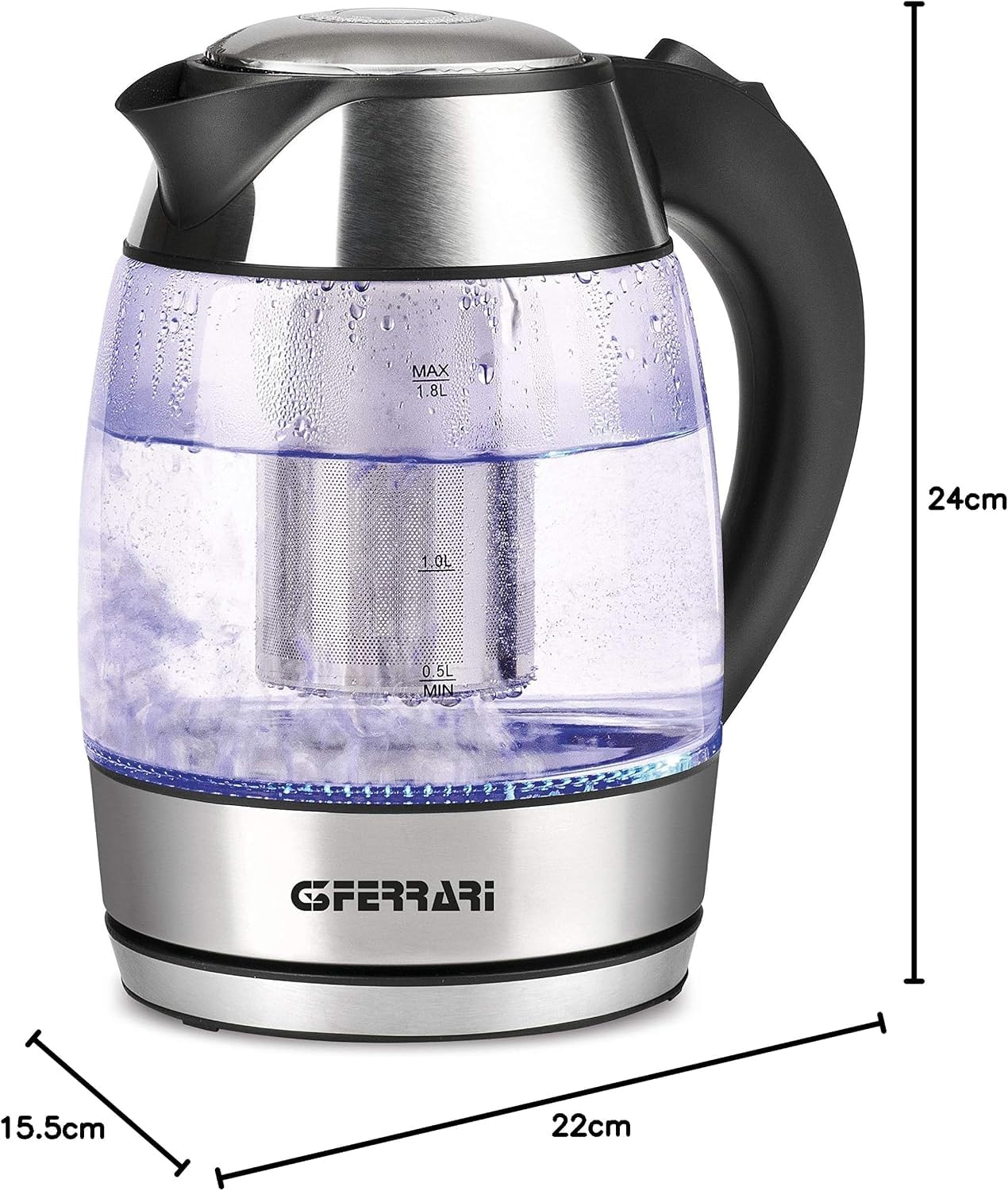 G3 Ferrari G10066 BolleBlu - Hervidor y tetera, 2200 W, 1,8 litros, vidrio, acero