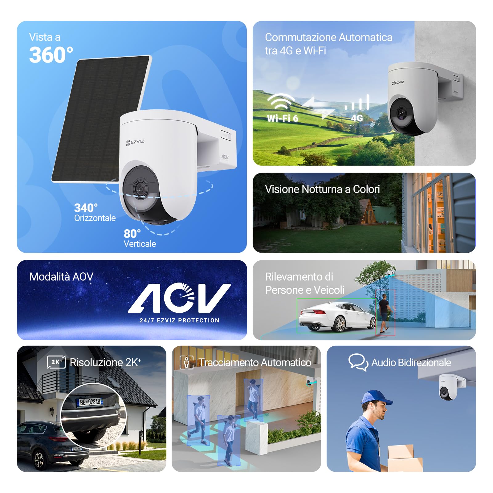 EZVIZ HB8 Lite 4G Telecamera Wi-Fi Esterno Senza Fili con Pannello Solare, Risoluzione 2K+, Scheda SIM Inclusa, Connettività 4G LTE & Wi-Fi 6, Modalità AOV, Rilevamento Umano/Veicoli, PTZ 360°