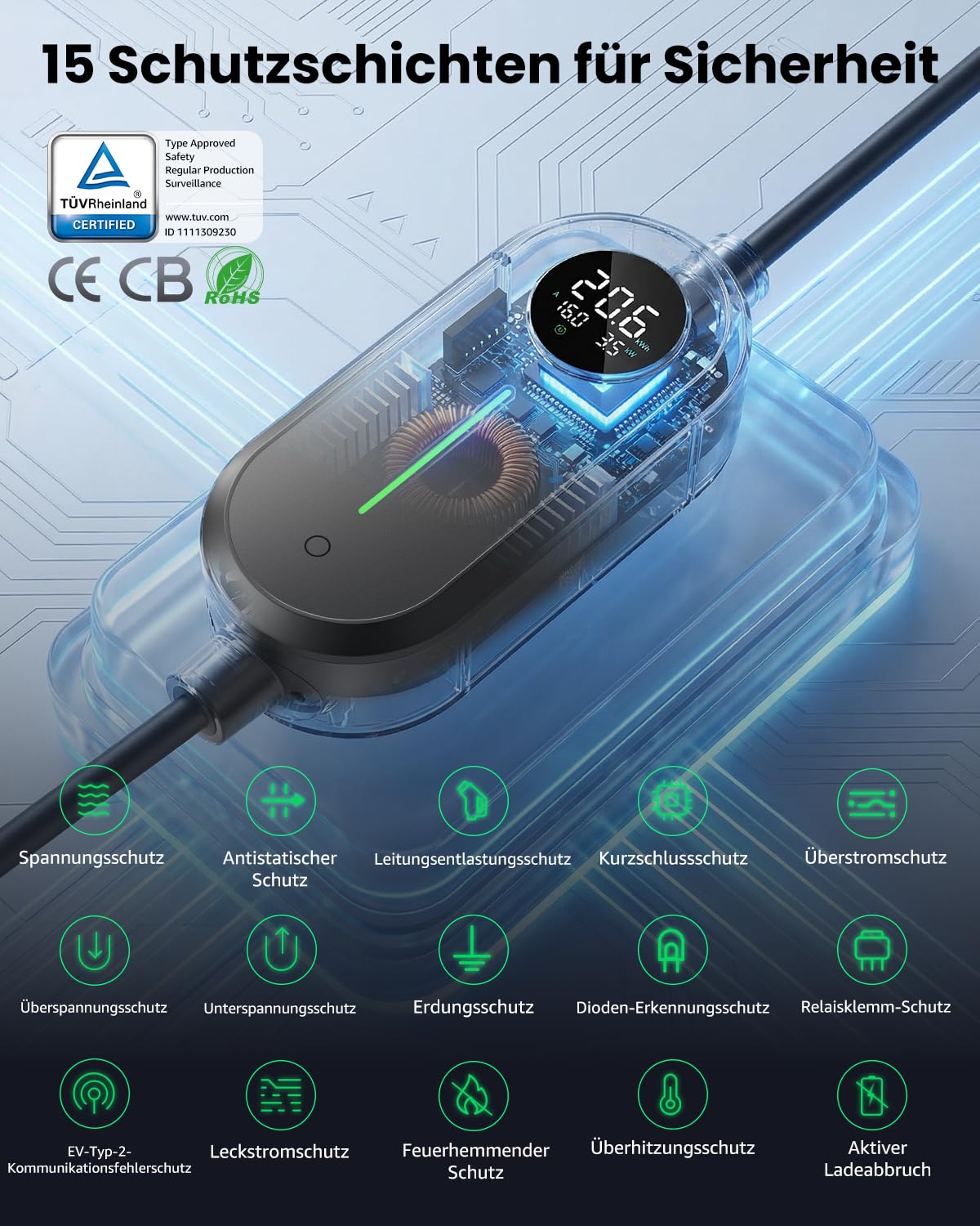 GONEO Typ 2 EV Ladegerät Schuko IP66 Wasserdicht, 3,68kW 16A (6–16A einstellbar), 10m 1-phasig 230V Tragbares Ladekabel, Mobile Wallbox mit LCD & Timer, für Elektroautos und PHEV