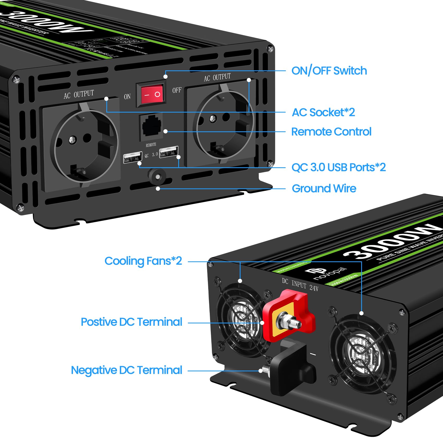 Novopal 3000W Onda Sinusoidale Pura Power Inverter DC 24V in AC 220V con Display LCD Codici di Errore,2 EU Presa con USB QC3.0 18W,5M di Telecomandoper per Camion Camping Macchina da Caffè