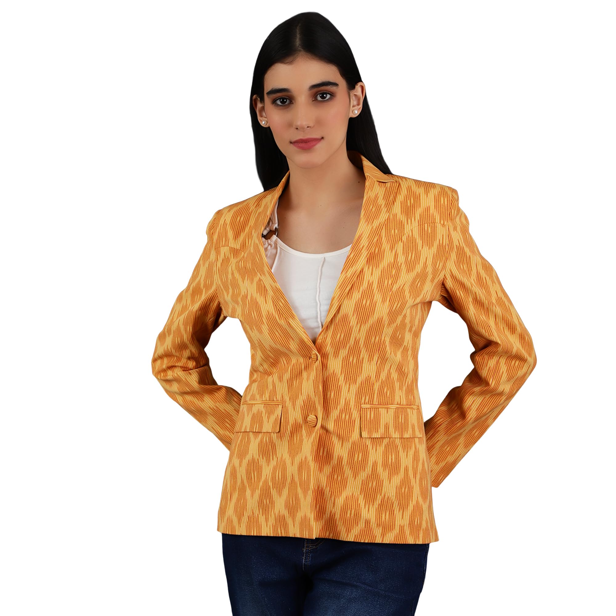 indophilia Women's Ikat Yellow Cotton Blazer-picture-23