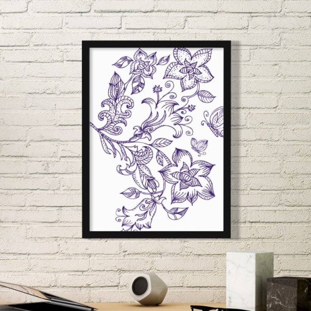 Cadre photo lilas motif fleurs papillon noir pour sticker mural