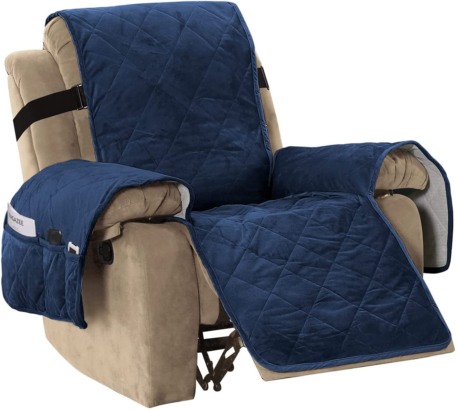 Funda para Silla Relax Reversible Funda para Silla Reclinable De Terciopelo Funda para Sofá Reclinable con Respaldo Antideslizante Y Correa Elástica Más Ancha (Armada,1 Plazas 71 cm)