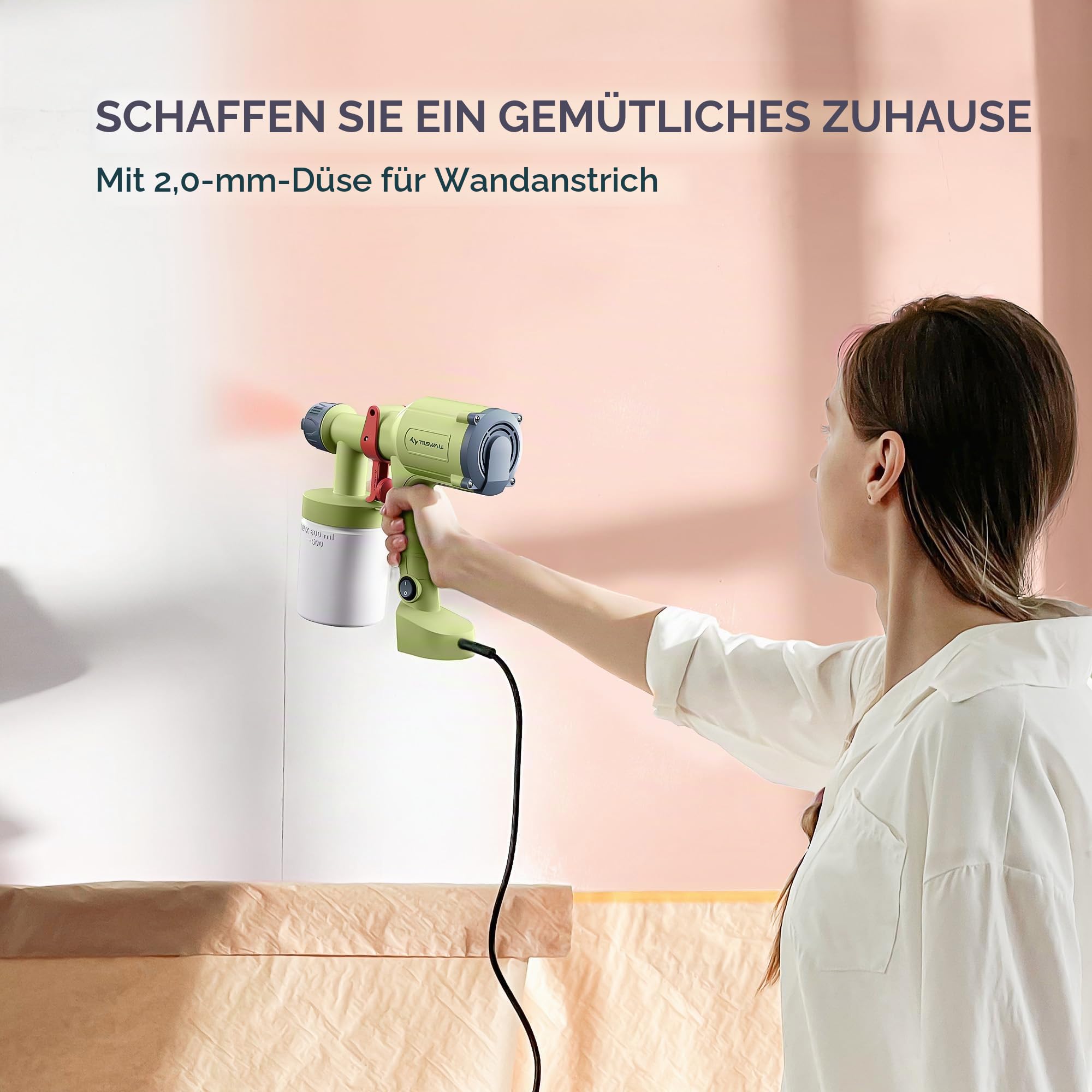 Tilswall Farbsprühsystem Lackierpistole,Ultra-leichte Elektrische Farbsprühgerät mit 600ml Farbbehälter, 2 Düsen & 3 Sprühmustern, Farbspritzpistole für Wandfarbe, Möbel, Schränke, Gelbgrün