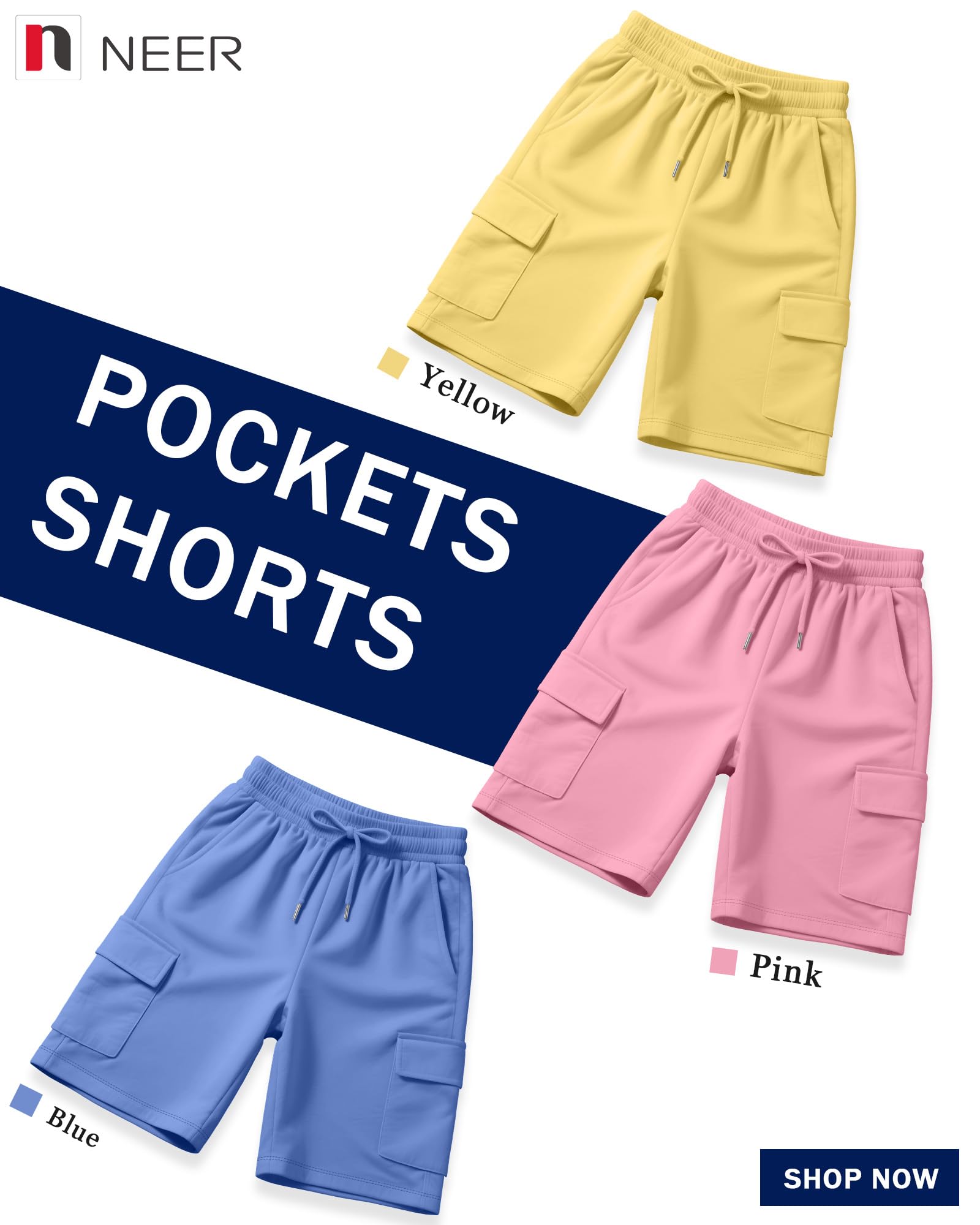 Neer Pack de 3 Pantalones Cortos Cargo para Mujer, Cintura elástica, con cordón, Longitud hasta la Rodilla, Estilo Informal, Bolsillos Cargos