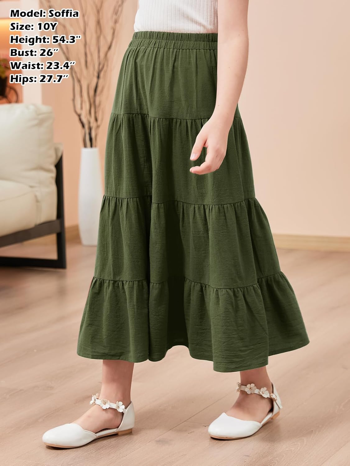 GORLYA Girls Casual Vintage Solid Elastic High Waist Tiered Hem Long Swing Linen Maxi Skirt for 4-14T - Image 5