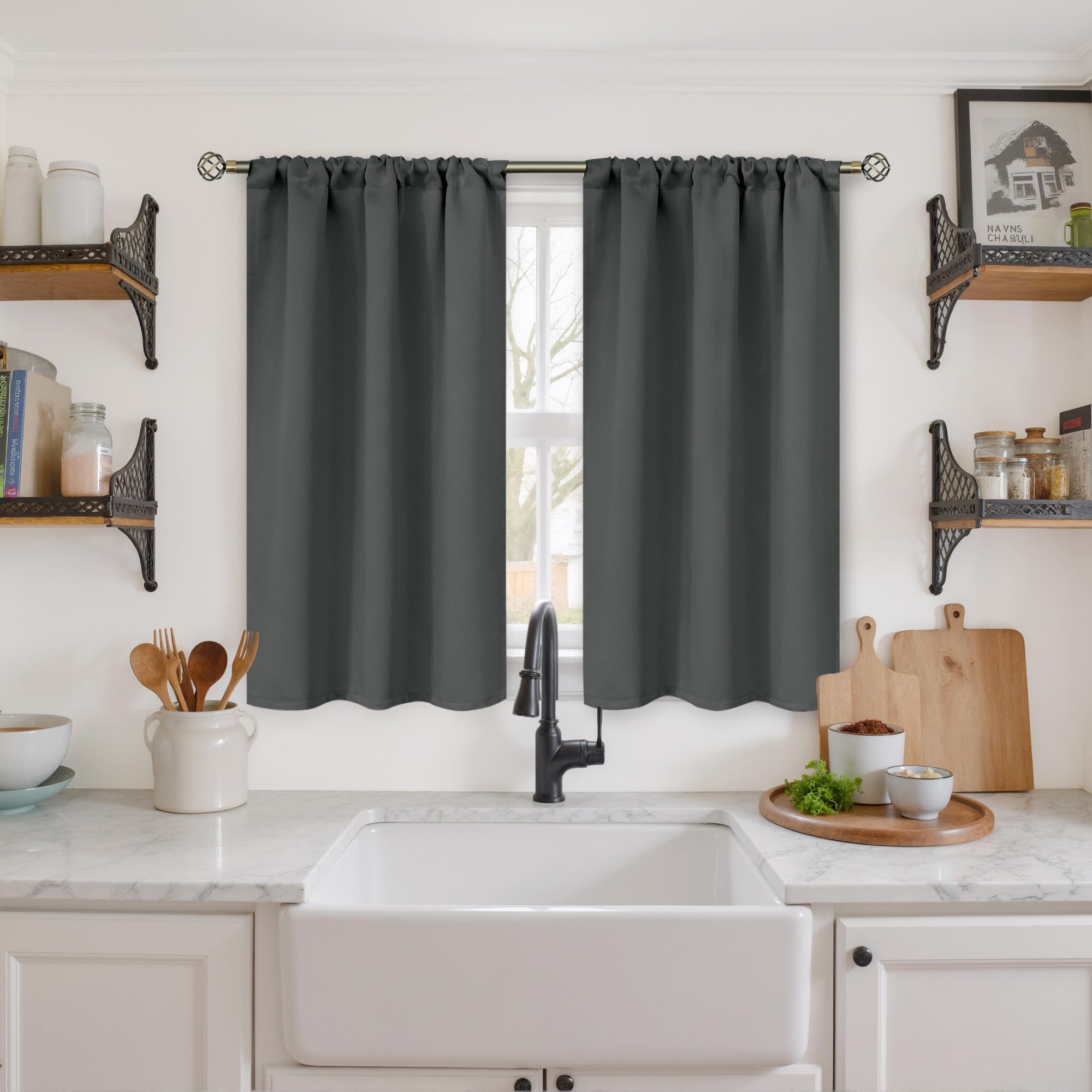 BGment Dark Grey Short Blackout Curtains 45 Inches Length - Rod Pocket Room Darkeing Drapes Privacy for Bathroom Basement Rv Bedroom Window, 2 Panels, 34 X 45 Inch
