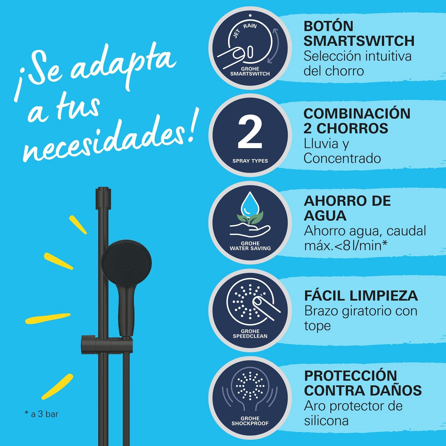 GROHE Vitalio Start 110 Conjunto de barra de ducha (2 chorros, barra de ducha 900 mm, ahorro de agua), negro mate 269542431