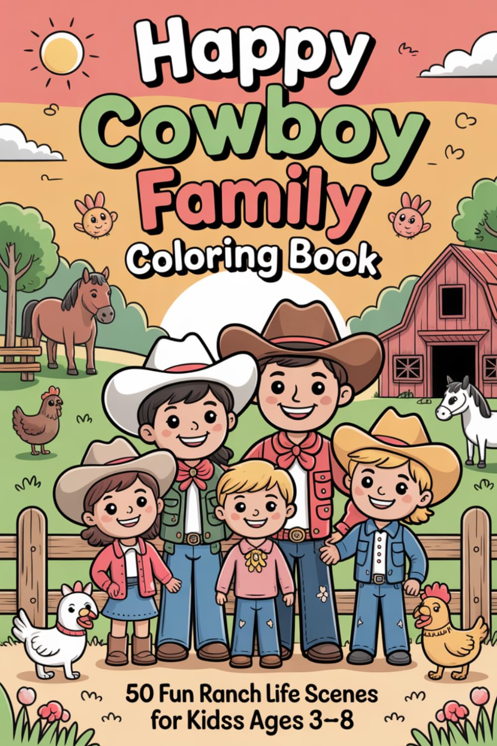 Happy Cowboy Family Coloring Book for Kids Ages 3–8: 50 Cute and Fun Ranch Life Scenes with Cowboys, Horses, and Family Moments