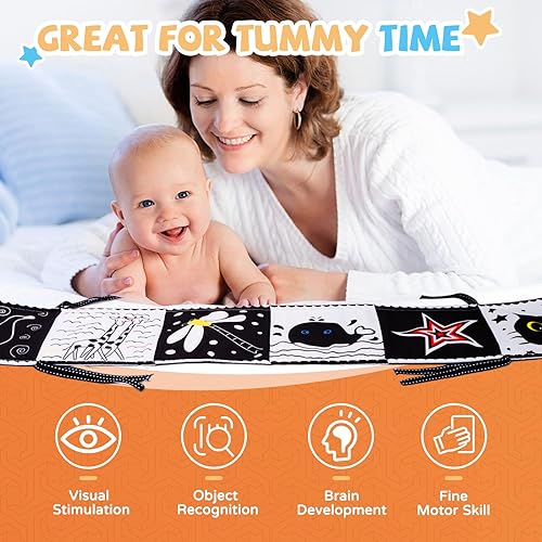 Miniatura 4 de Libro de alto contraste en blanco y negro, juguetes para bebés de 0 a 6 meses, libro de tela para bebé, juguetes para el tiempo boca abajo, juguetes