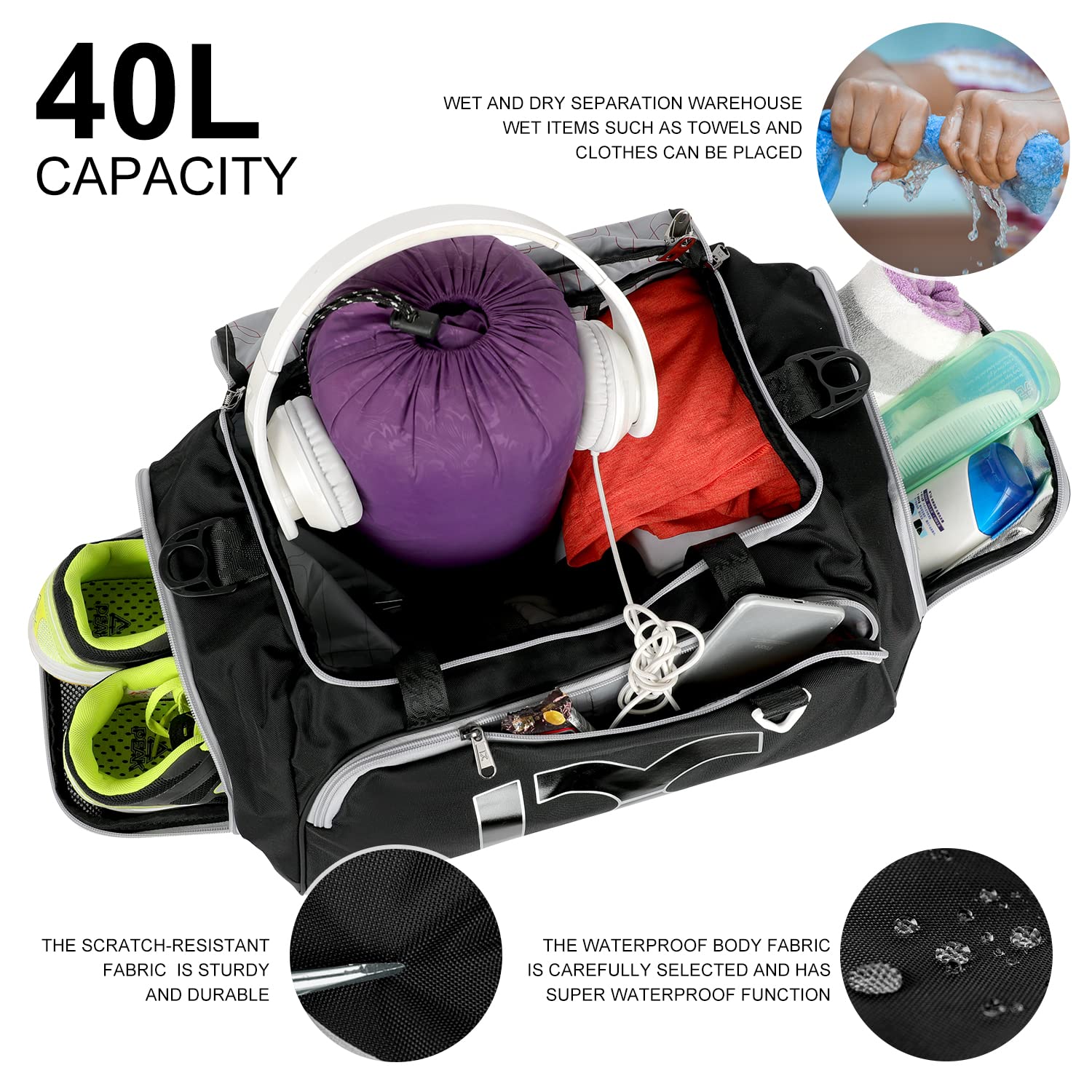 INOXTO Fitness Sport Gym Bag con scomparto per scarpe impermeabile da viaggio borsone per donne e uomini, Nero, Bianco,