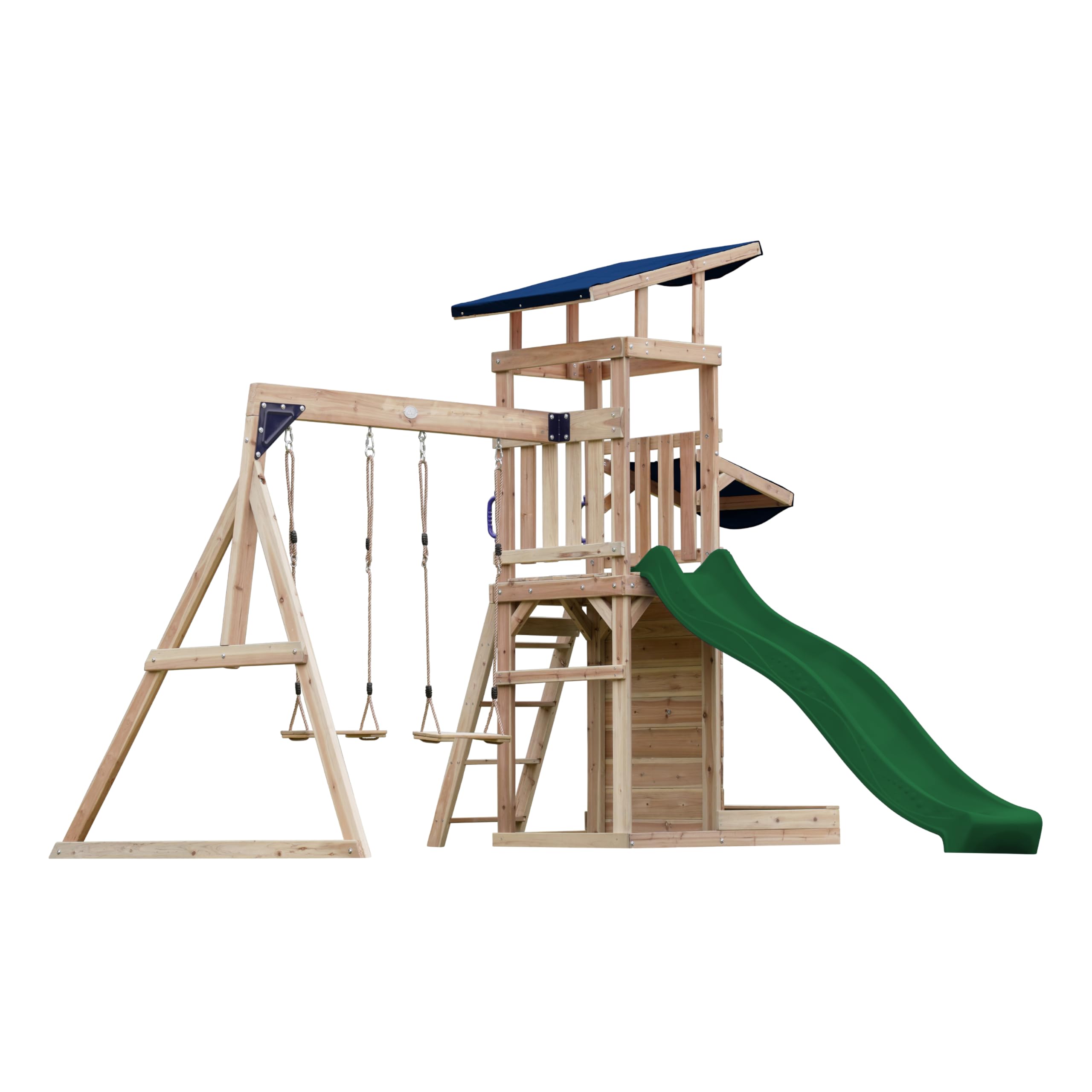 AXI Malik Wooden Playground with 2 Swings, Green Slide/Outdoor Playground with Sandpit and Play Wall/Slide with Water Connection | Portico Swing. The Forest Stewardship Council