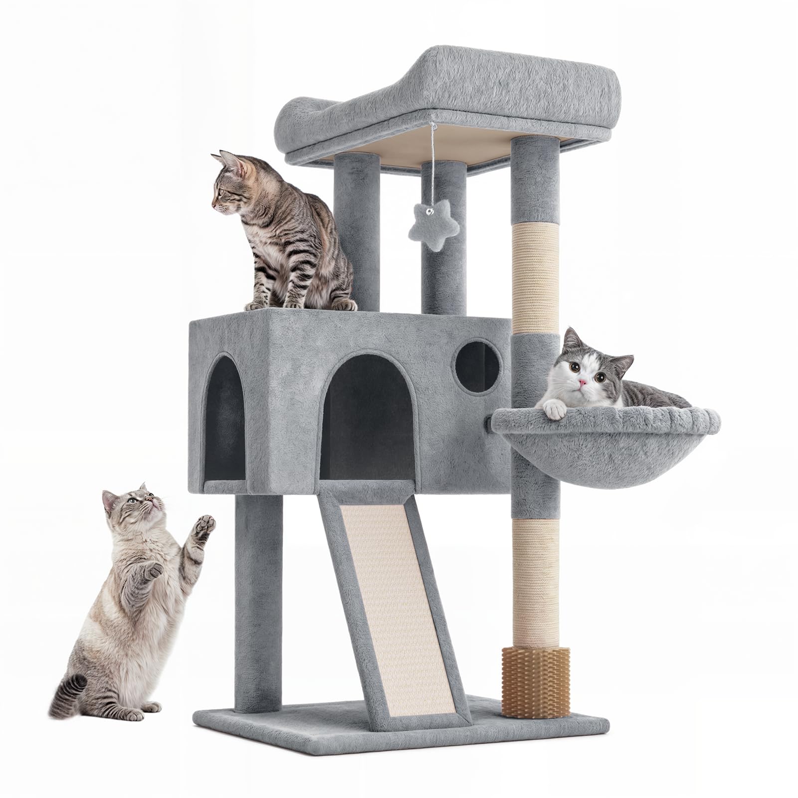 Polias Cat Tree Tower,36 Inch Tall Cat Climbing Tower with Scratching Post and Sisal-Covered Scratching Board, Cat House with Hammock,Cat Tree for Indoor Cats Large Adult- Light Gray