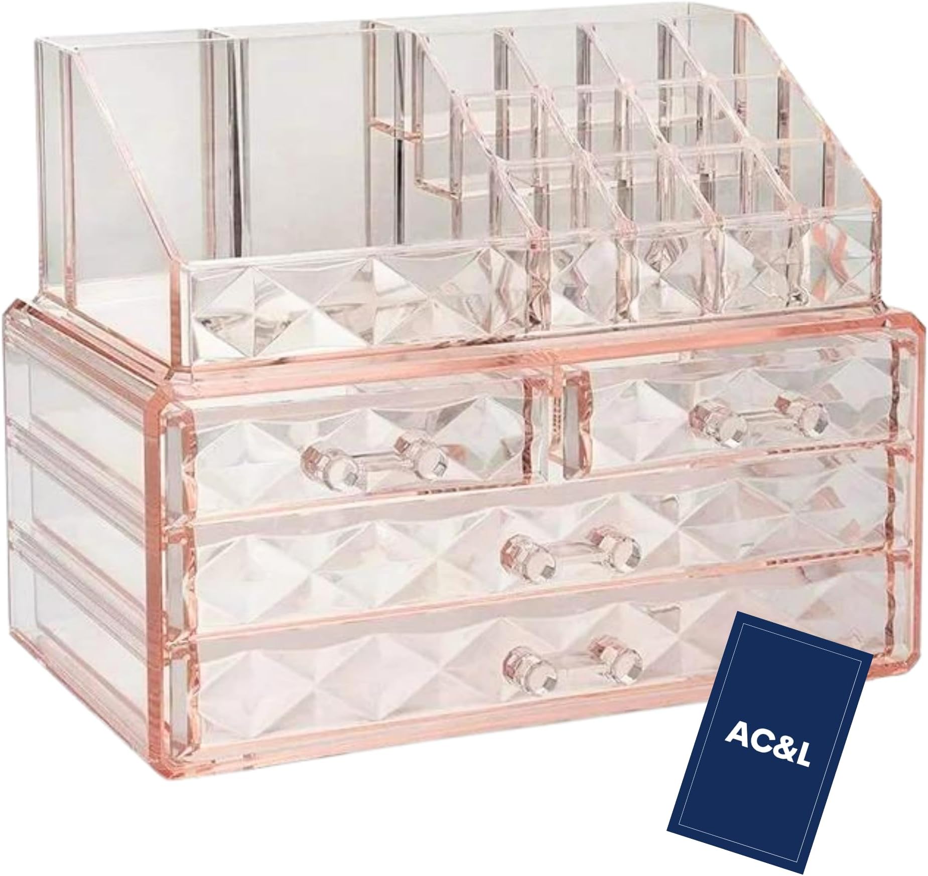 AC&L Makeup Organizer, Cosmetic Storage Display Box With 4 Drawers For Make Up, Brushes, Perfumes, Skincare All In One, Acrylic Organizer Ideal For Vanity, Dresser, Bathroom For Girls & women (Pink)