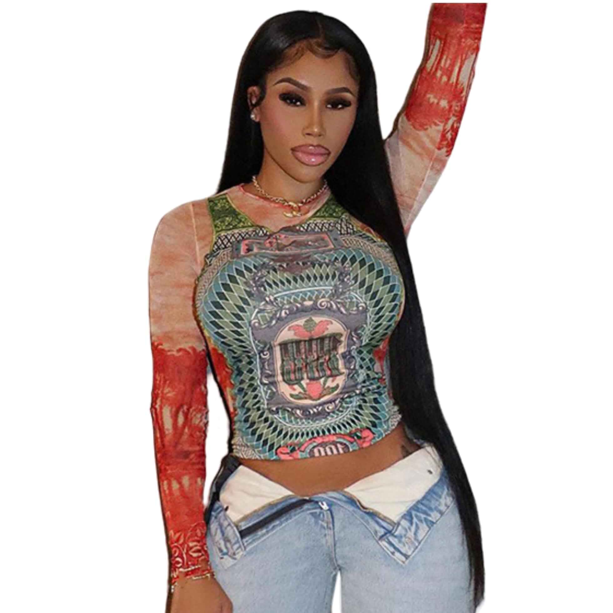 Women's Sexy Mesh See Through T Shirt Fashion Money Print Long Sleeve Crop Top Slim Tee Tops Tie-Dye