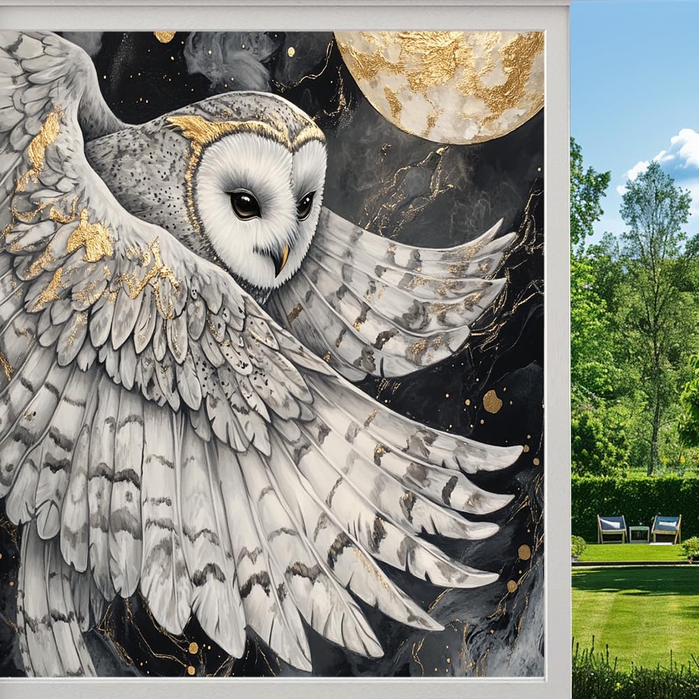 Abstract Owl Frosted Window Film, Watercolor Moon Nature Bird Stained Glass Privacy Film, Heat Insulation Self-Adhesive Vinyl for Bathroom Office,（50x80cm）