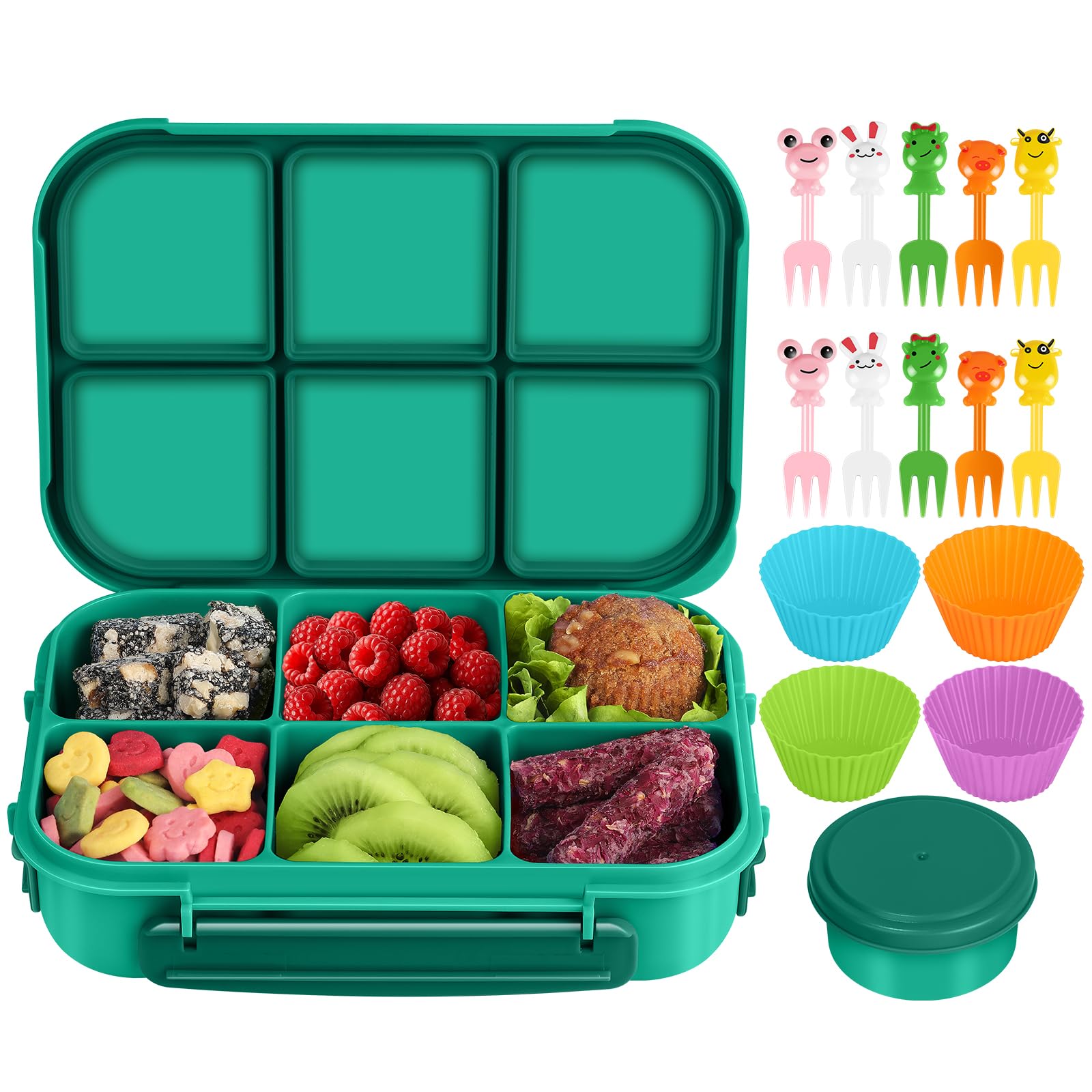 Amathley mathley Brotdose Kinder mit FäChern,Bento Box Kinder,Brotdose Erwachsene,1200ml Lunchbox snackbox mit 6 FäChern,Saucenbehälter,10 Cartoon Bento Obstgabeln und 4 Muffinförmchen