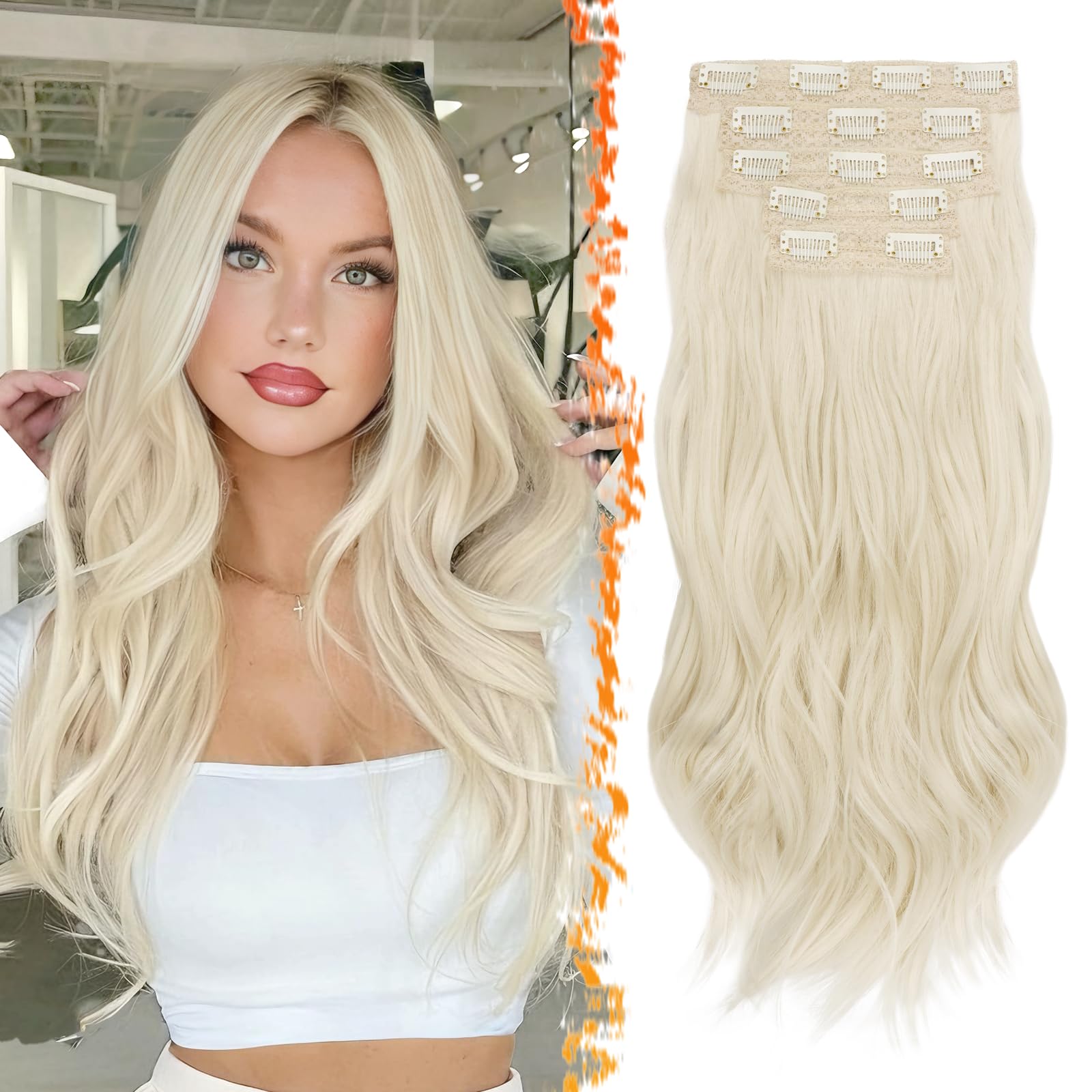 BARSDAR Platinum Blonde Clip in Hair Extensions, 20 Inch Loose Wavy Layered Clip in Hair Extensions for Women