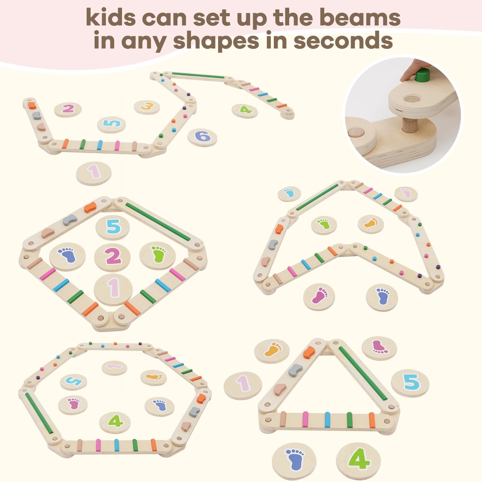 Juego de vigas de equilibrio de madera para niños de 3 a 6 años, 6 piezas de barras de equilibrio Montessori con piedras escalonadas, equipo de entrenamiento para interiores y exteriores