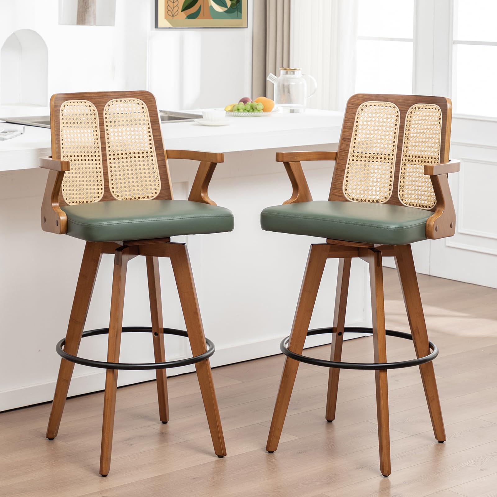 Swivel Bar Stools Set of 2 - 30 inch Mid Century BarStools with Curved Backs and Arms, Walnut Bentwood, Faux Leather Upholstered Seat, Rattan Bar Stools for Kitchen/Island (30" Seat Height, Green)