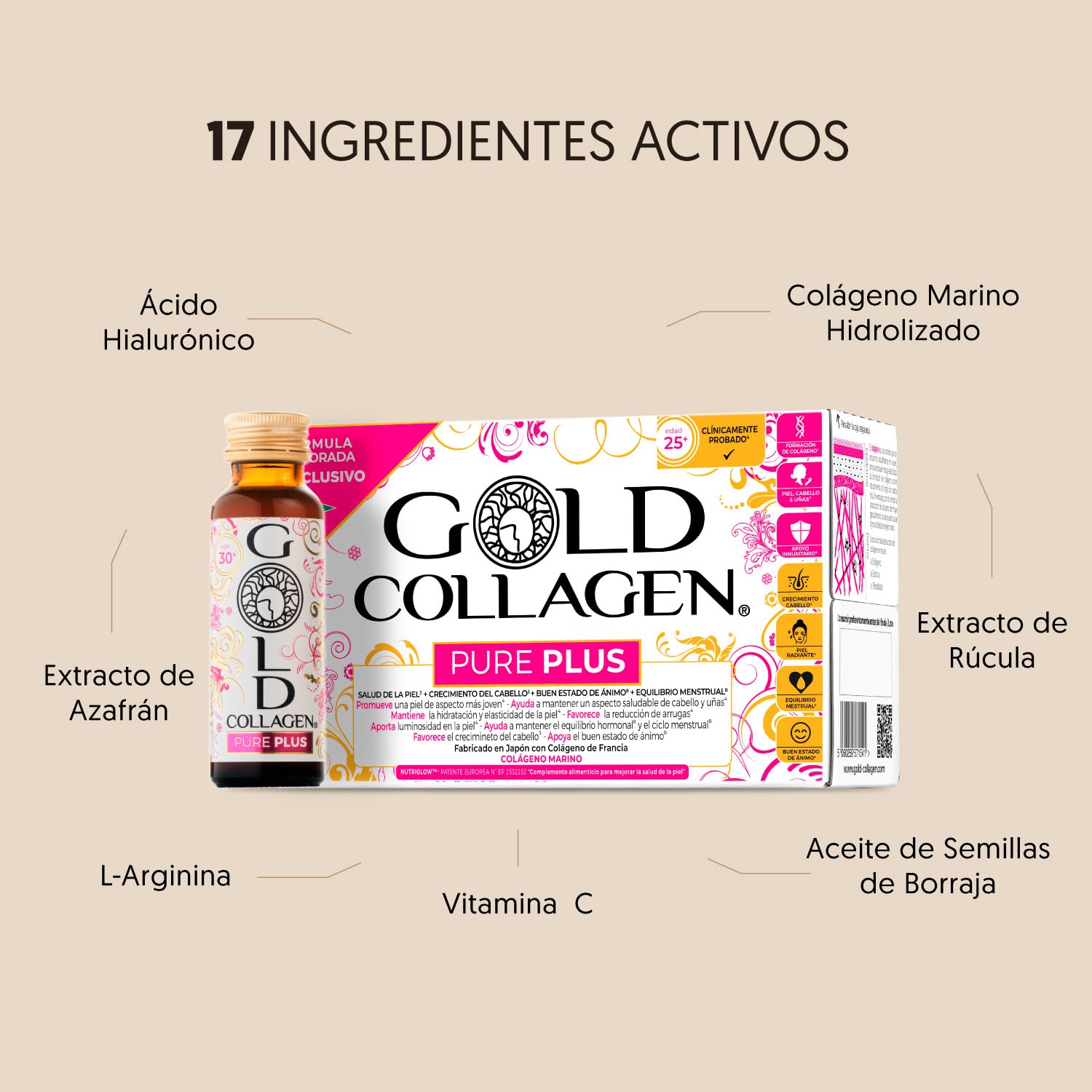 GOLD COLLAGEN Pure Plus - Complemento de Colágeno Marino Hidrolizado, Biotina para el Cabello Piel y Uñas Equilibrio Hormonal e Inmunitario con Vitamina C y Ácido Hialurónico 1 Caja 10 Botellitas 50ml