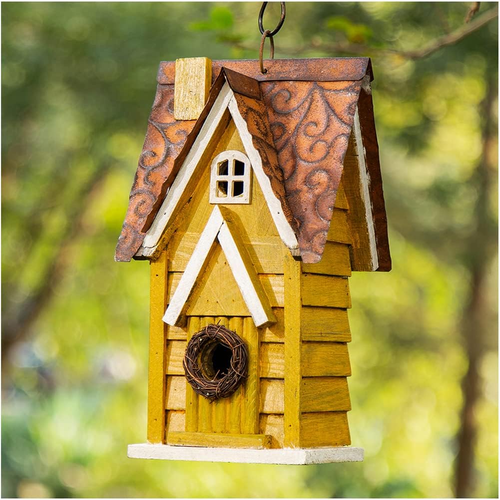Glitzhome Bird Houses for Outside, 12" H Solid Wood Blue Bird House, Yellow Distressed Cottage Bird Nesting Box Decorative Birdhouse Hanging Bird House for Outdoors, Finch Swallow Wren Chickadee