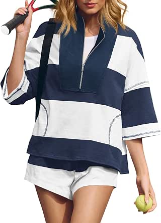 Women's 2 Piece Outfits Summer Striped Sweatshirt and Shorts Set
