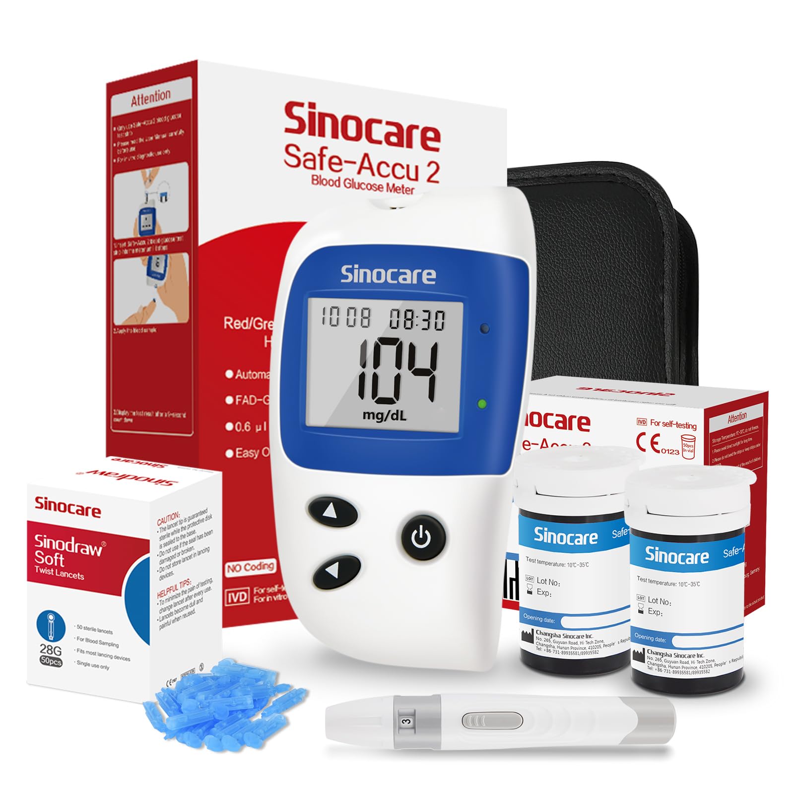sinocare Medidor Glucosa en Sangre, Kit Prueba Glucosa en Sangre Glucometro 50 x Tiras Prueba Glucosa en Sangre y Dispositivo de Punción (Safe-Accu2) Certificado ClimatePartner