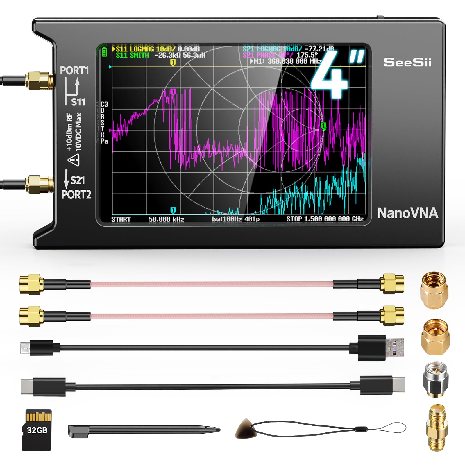 SEESII NanoVNA-H4 Vector Network Analyzer with 32GB Card, Latest V4.4 9KHz-1.5GHz HF VHF UHF 4" Touch Screen Nano Vna h4 Antenna Analyzer Measures Voltage Standing Wave Ratio, Phase,Delay,Smith Chart