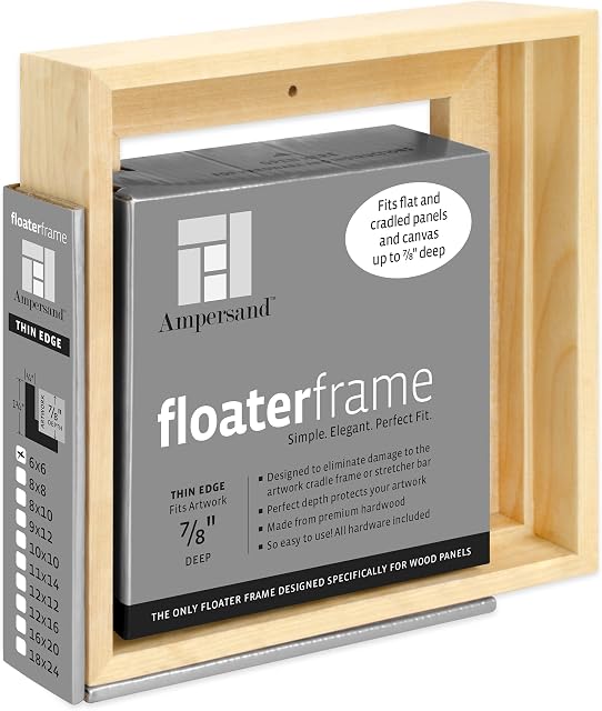 Ampersand Art Supply Floaterframe Readymade Frame for Flat and 7/8" Deep Wood Panel and Canvas Artwork, Paintings, Prints, and More, 6"x6", Maple Thin