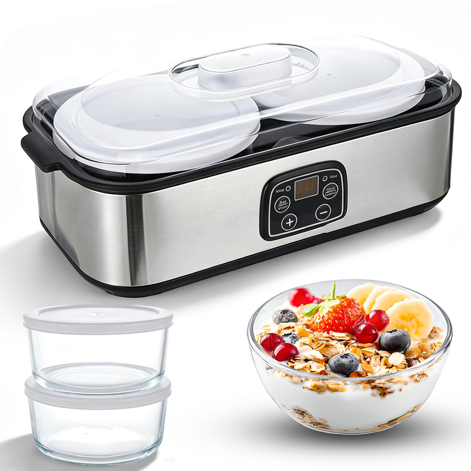 Yogurtiera automatica da 2 l, yogurtiera elettrica con temperatura e timer regolabili, indicatore LED con 2 contenitori in vetro per yogurt biologico, formaggio, natto, vino di riso