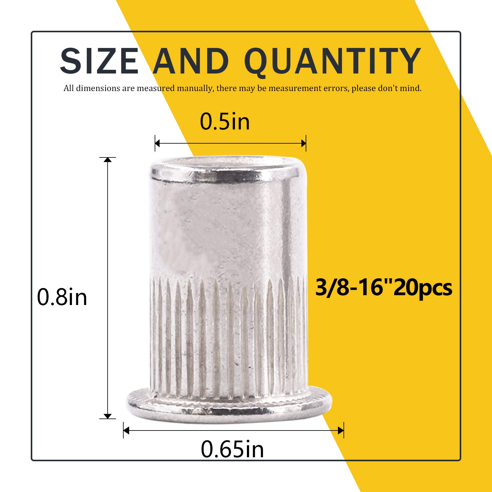 Rustark 20 Pcs 3/8-16'' UNC 304 Stainless Steel Rivet Nuts Flat Head Threaded Insert Nutsert Rivnuts Set (3/8-16'' UNC)