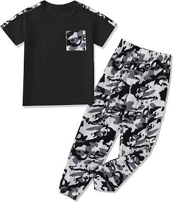 mksodopy Boys Clothes Outfits Set, Camo Cargo Pants and Short Sleeve Pocket Tee 2PC Summer Tracksuit for Kids 5-16Y